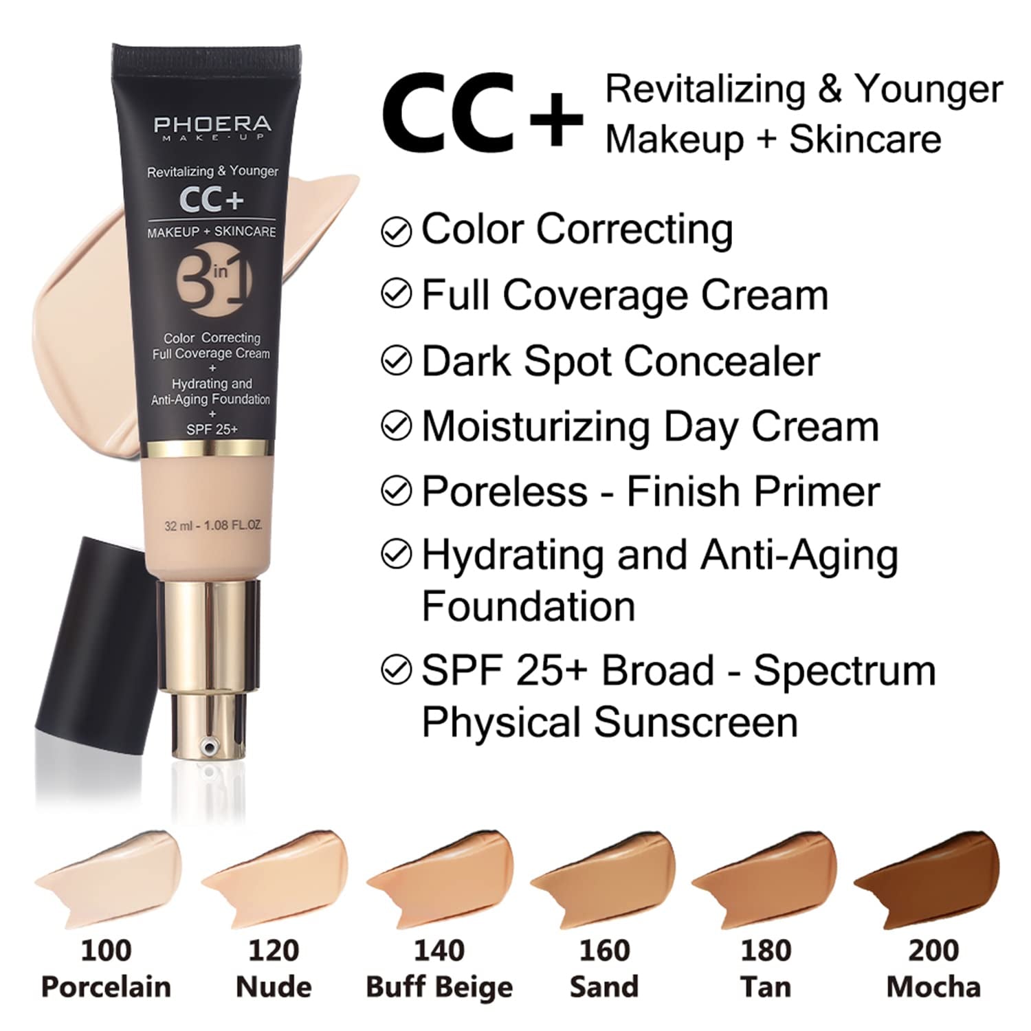 Mushroom Head Air Cushion CC Cream Natural Foundation,Phoera CC Cream Foundation with Spf,Color Correcting anti Aging Hydrating Serum,Phoera Face Primer (#03 Warm Nude +#120 Nude)