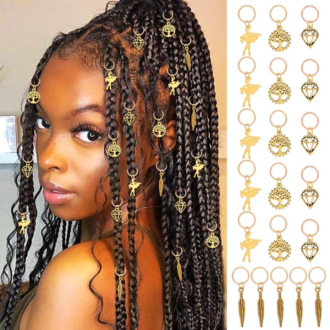 Feather Braid Accessories Gold Tree of Life Loc Hair Charms Jewelry Diamond African Dreadlock Ring Clips for Black Women (Pack of 20)