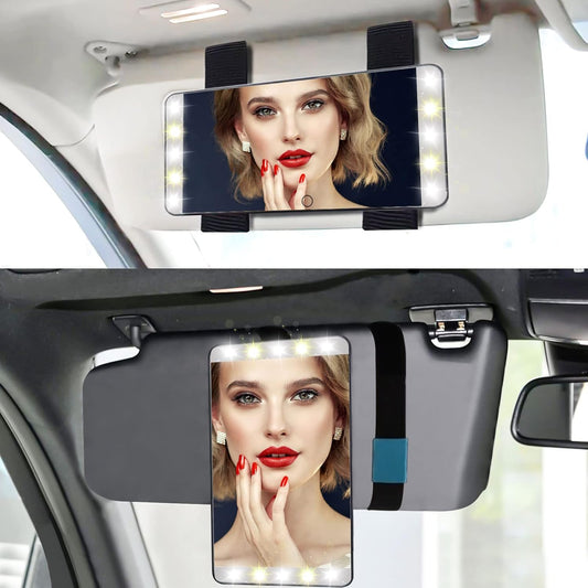 Car Visor Vanity Mirror with Lights, 90° Rotating Lighted Makeup Mirror 3 Color LED Light Modes Sun Visor Mirror Dimmable Travel Cosmetic Sunshade Mirror Small Compact Rechargeable Mirror, Black