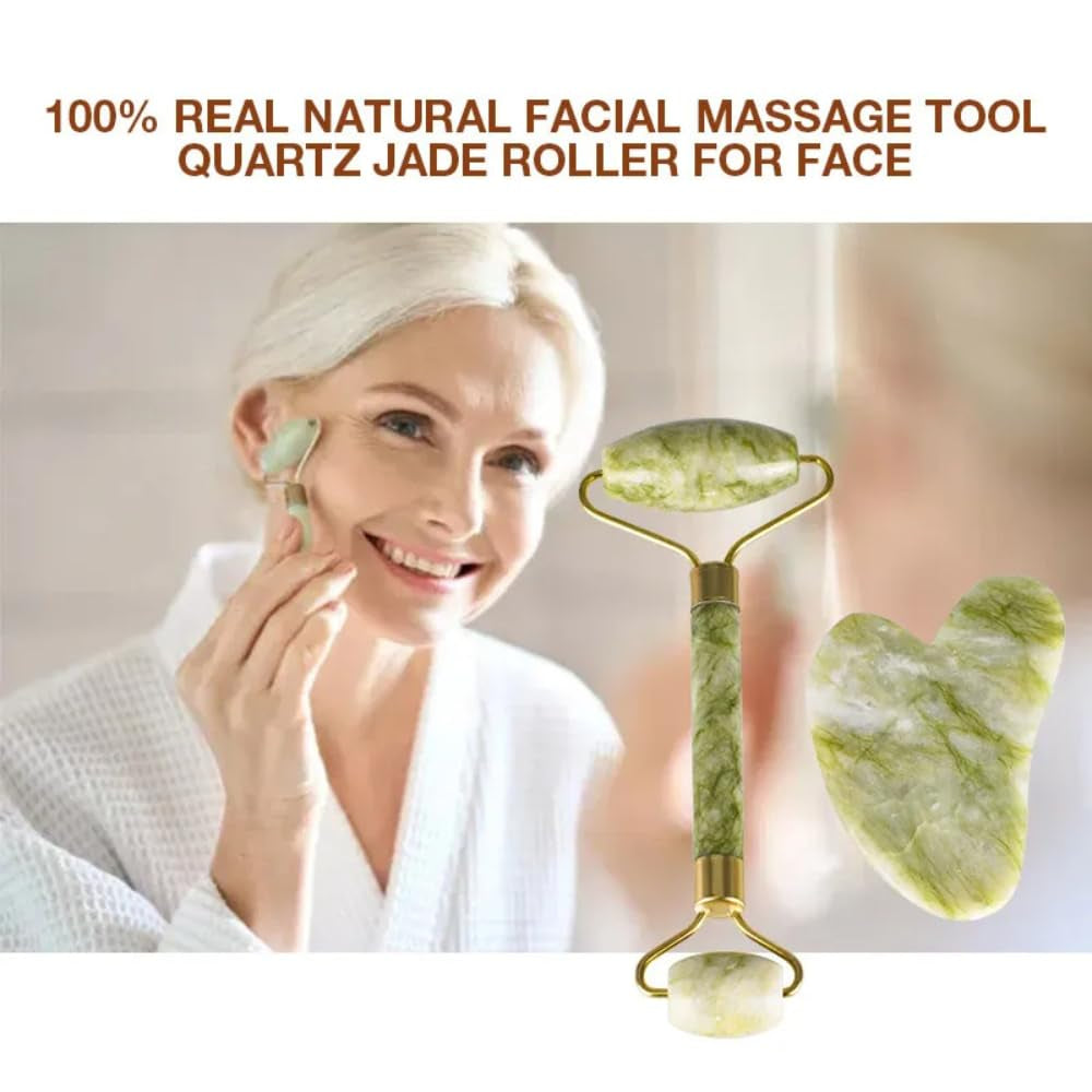 "" Jade Roller & Gua Sha Facial Tool Set: Boost Radiance and Relaxation with Gentle Massage - Reduce Puffiness, Improve Circulation, and Enhance Skincare Routine"", Green